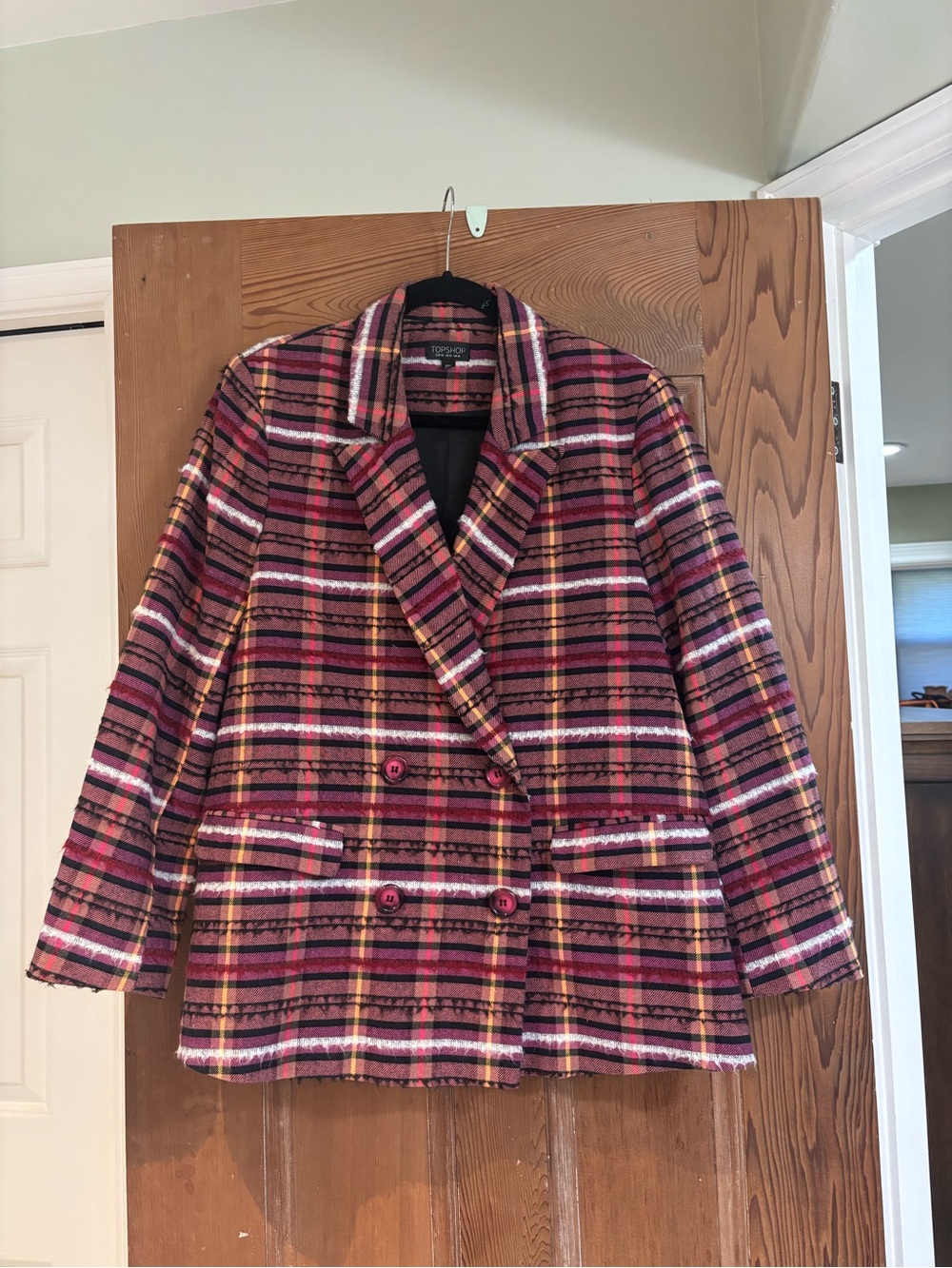 Topshop Red and Pink Plaid Double-Breasted Blazer Size 10